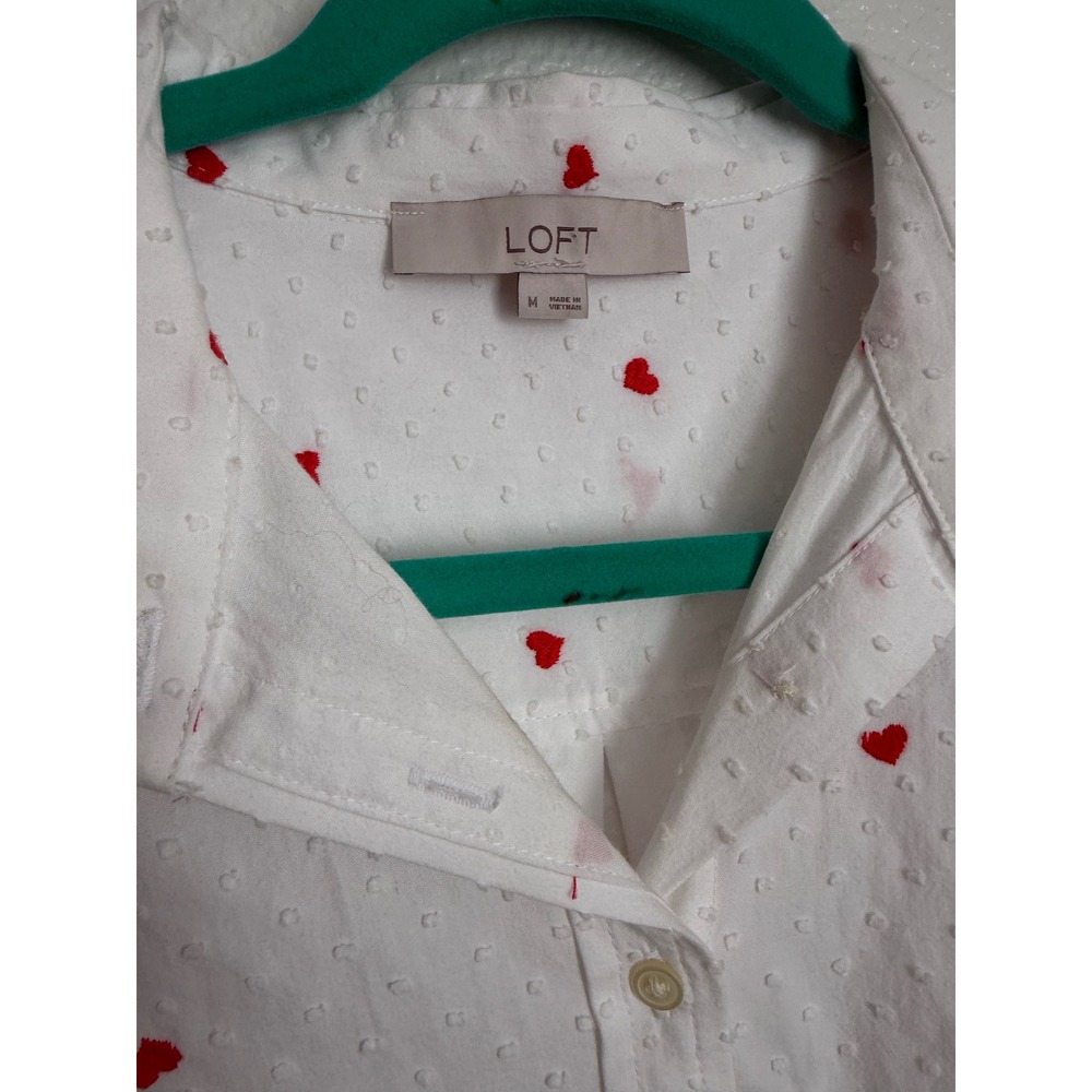 LOFT Womens White Dobby Heart Embroidered Button Down Shirt Size M Red Hearts - Picture 5 of 12